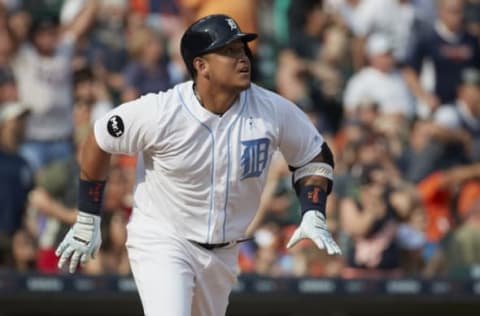 Jun 17, 2017; Detroit, MI, USA; Detroit Tigers first baseman Miguel Cabrera (24) hits a home run in the sixth inning against the Tampa Bay Rays at Comerica Park. Mandatory Credit: Rick Osentoski-USA TODAY Sports