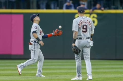 Jun 19, 2017; Seattle, WA, USA; Detroit Tigers shortstop Jose Iglesias (1) catches a popfly against the Seattle Mariners during the fourth inning at Safeco Field. Mandatory Credit: Joe Nicholson-USA TODAY Sports