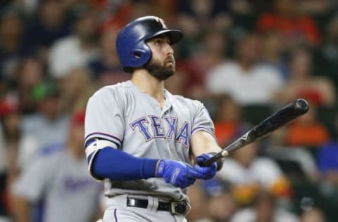 HOUSTON, TX – JULY 28: Joey Gallo #13 of the Texas Rangers hits a three-run home run in the ninth inning against the Houston Astros at Minute Maid Park on July 28, 2018 in Houston, Texas. (Photo by Bob Levey/Getty Images)