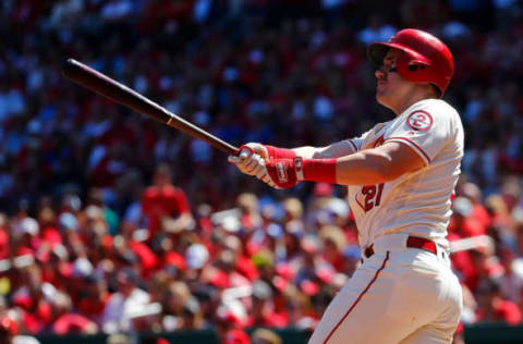 ST. LOUIS, MO – SEPTEMBER 15: Patrick Wisdom #21 of the St. Louis Cardinals hits a grand slam against the Los Angeles Dodgers in the fourth inning at Busch Stadium on September 15, 2018 in St. Louis, Missouri. (Photo by Dilip Vishwanat/Getty Images)