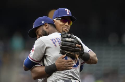 SEATTLE, WA – SEPTEMBER 30: Third baseman Adrian Beltre #29 of the Texas Rangers get a hug from Jurickson Profar #19 of the Texas Rangers as he is replaced during the fifth inning of a game against the Seattle Mariners at Safeco Field on September 30, 2018 in Seattle, Washington. The Mariners won the game 3-1. (Photo by Stephen Brashear/Getty Images)