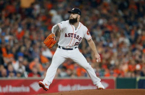 HOUSTON, TX – OCTOBER 16: Dallas Keuchel #60 of the Houston Astros pitches in the first inning against the Boston Red Sox during Game Three of the American League Championship Series at Minute Maid Park on October 16, 2018 in Houston, Texas. (Photo by Bob Levey/Getty Images)