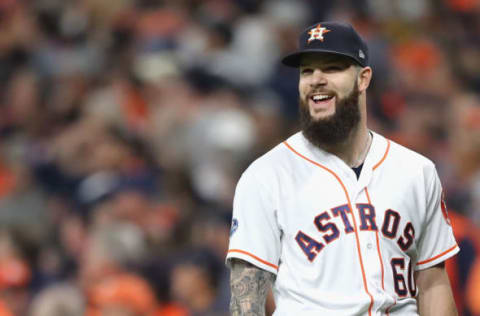 HOUSTON, TX – OCTOBER 16: Dallas Keuchel #60 of the Houston Astros reacts in the third inning as a play is reviewed against the Boston Red Sox during Game Three of the American League Championship Series at Minute Maid Park on October 16, 2018 in Houston, Texas. (Photo by Elsa/Getty Images)