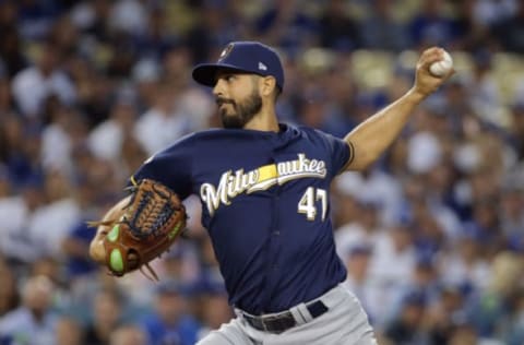 LOS ANGELES, CA – OCTOBER 16: Pitcher Gio Gonzalez #47 of the Milwaukee Brewers pitches during the first inning of Game Four of the National League Championship Series against the Los Angeles Dodgers at Dodger Stadium on October 16, 2018 in Los Angeles, California. (Photo by Jeff Gross/Getty Images)