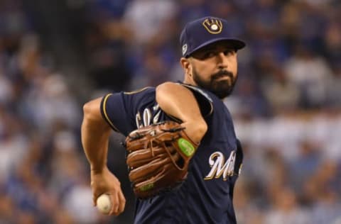 LOS ANGELES, CA – OCTOBER 16: Pitcher Gio Gonzalez #47 of the Milwaukee Brewers pitches during the first inning of Game Four of the National League Championship Series against the Los Angeles Dodgers at Dodger Stadium on October 16, 2018 in Los Angeles, California. (Photo by Harry How/Getty Images)