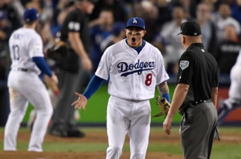 LOS ANGELES, CA – OCTOBER 26: Manny Machado #8 of the Los Angeles Dodgers reacts during the tenth inning against the Boston Red Sox in Game Three of the 2018 World Series at Dodger Stadium on October 26, 2018 in Los Angeles, California. (Photo by Kevork Djansezian/Getty Images)