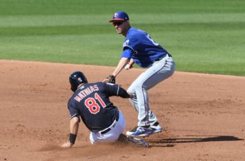 GOODYEAR, AZ – FEBRUARY 25: Pinch runner Mark Mathias #81 of the Cleveland Indians is forced out at second base as Eli White #80 of the Texas Rangers turns a double play during the fourth inning of a spring training game at Goodyear Ballpark on February 25, 2019 in Goodyear, Arizona. (Photo by Norm Hall/Getty Images)