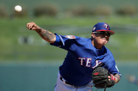 SURPRISE, ARIZONA – FEBRUARY 27: Relief pitcher Jesse Chavez #53 of the Texas Rangers throws a warm-up pitch during the second inning of the MLB spring training game against the Chicago Cubs at Surprise Stadium on February 27, 2019 in Surprise, Arizona. (Photo by Christian Petersen/Getty Images)