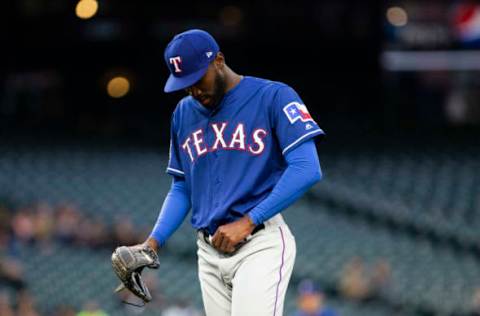 SEATTLE, WA – APRIL 25: Taylor Hearn #63 of the Texas Rangers adjusts his belt after giving up another run in the fifth inning against the Seattle Mariners at T-Mobile Park on April 25, 2019 in Seattle, Washington. (Photo by Lindsey Wasson/Getty Images)