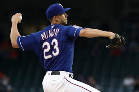 ARLINGTON, TEXAS – APRIL 16: Mike Minor #23 of the Texas Rangers throws against the Los Angeles Angels in the first inning at Globe Life Park in Arlington on April 16, 2019 in Arlington, Texas. (Photo by Ronald Martinez/Getty Images)