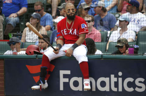 ARLINGTON, TX – JUNE 2: Rougned Odor #12 of the Texas Rangers waits during a break in the action as the Rangers play the Kansas City Royals during the eighth inning at Globe Life Park in Arlington on June 2, 2019 in Arlington, Texas. The Rangers won 5-1. (Photo by Ron Jenkins/Getty Images)