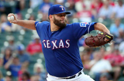 ARLINGTON, TEXAS – JUNE 17: Lance Lynn #35 of the Texas Rangers pitches against the Cleveland Indians in the top of the first inning at Globe Life Park in Arlington on June 17, 2019 in Arlington, Texas. (Photo by Tom Pennington/Getty Images)