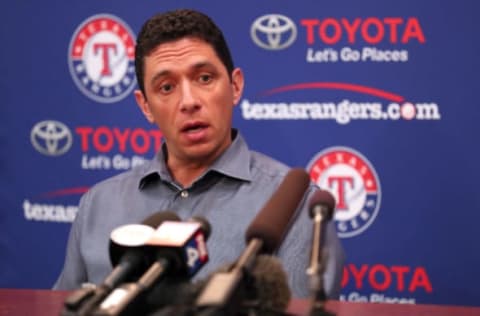 ARLINGTON, TEXAS – JULY 01: Texas Rangers General Manager Jon Daniels talks with the media following the announcement that the game between the Texas Rangers and the Los Angeles Angels has been postponed at Globe Life Park in Arlington on July 01, 2019 in Arlington, Texas. The game was postponed following an announcement made by the Los Angeles Angels that pitcher Tyler Skaggs had died. (Photo by Tom Pennington/Getty Images)