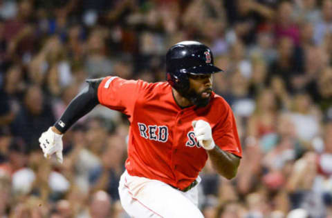 BOSTON, MA – AUGUST 9: Jackie Bradley Jr. #19 of the Boston Red Sox runs to first base after hitting a two RBI single in the sixth inning against the Los Angeles Angels at Fenway Park on August 9, 2019 in Boston, Massachusetts. (Photo by Kathryn Riley/Getty Images)