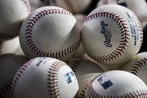 WASHINGTON, DC – AUGUST 17: A bag of Rawlings official Major League Baseballs sits in the during the sixth inning of the game between the Washington Nationals and the Milwaukee Brewers at Nationals Park on August 17, 2019 in Washington, DC. (Photo by Scott Taetsch/Getty Images)