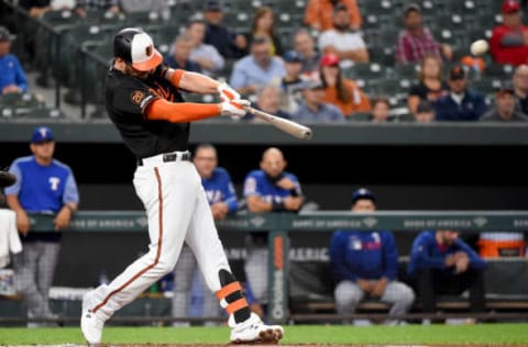 BALTIMORE, MD – SEPTEMBER 06: Trey Mancini #16 of the Baltimore Orioles hits a solo home run during the first inning against the Texas Rangers at Oriole Park at Camden Yards on September 6, 2019 in Baltimore, Maryland. (Photo by Will Newton/Getty Images)