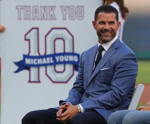 ARLINGTON, TEXAS – AUGUST 31: Michael Young, former Texas Rangers player, was honored at a ceremony in which is number was retired before a game against the Seattle Mariners at Globe Life Park in Arlington on August 31, 2019 in Arlington, Texas. (Photo by Richard Rodriguez/Getty Images)