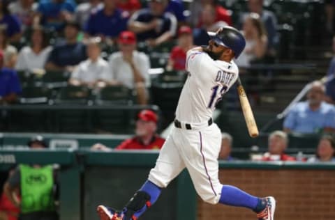 ARLINGTON, TEXAS – SEPTEMBER 12: Rougned Odor #12 of the Texas Rangers homers in the seventh inning against the Tampa Bay Rays at Globe Life Park in Arlington on September 12, 2019 in Arlington, Texas. (Photo by Richard Rodriguez/Getty Images)