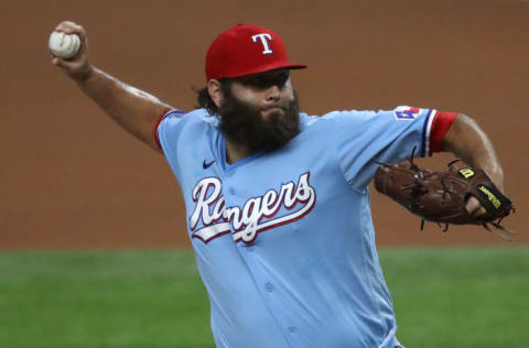 ARLINGTON, TEXAS - AUGUST 09: Lance Lynn #35 of the Texas Rangers throws against the Los Angeles Angels in the first inning at Globe Life Field on August 09, 2020 in Arlington, Texas. (Photo by Ronald Martinez/Getty Images)