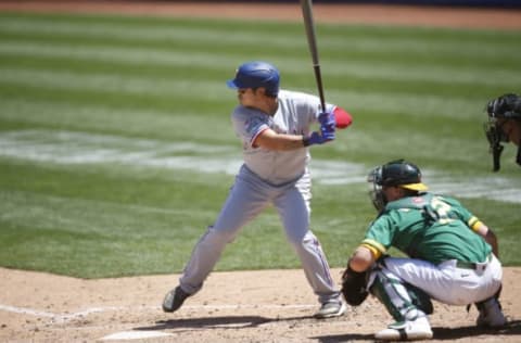 OAKLAND, CA – AUGUST 6: Shin-Soo Choo #17 of the Texas Rangers bats during the game against the Oakland Athletics at RingCentral Coliseum on August 6, 2020 in Oakland, California. The Athletics defeated the Rangers 6-4. (Photo by Michael Zagaris/Oakland Athletics/Getty Images)