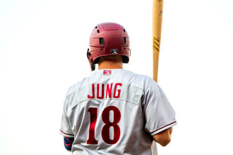 AMARILLO, TEXAS – JULY 23: Infielder Josh Jung #18 of the Frisco RoughRiders stands on deck during the game against the Amarillo Sod Poodles at HODGETOWN Stadium on July 23, 2021 in Amarillo, Texas. (Photo by John E. Moore III/Getty Images)