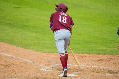 AMARILLO, TEXAS – JULY 25: Infielder Josh Jung #18 of the Frisco RoughRiders hits a home run during the game against the Amarillo Sod Poodles at HODGETOWN Stadium on July 25, 2021 in Amarillo, Texas. (Photo by John E. Moore III/Getty Images)