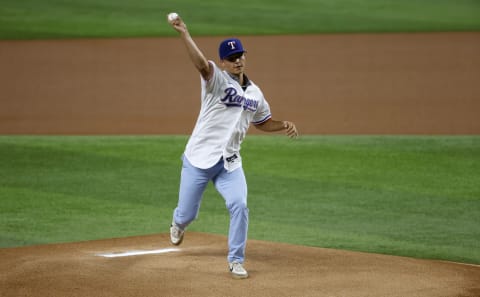 ARLINGTON, TX – JULY 28: The Texas Rangers 2021 top draft pick Jack Leiter throws out a ceremonial first pitch before the Rangers play the Arizona Diamondbacks at Globe Life Field on July 28, 2021 in Arlington, Texas. (Photo by Ron Jenkins/Getty Images)