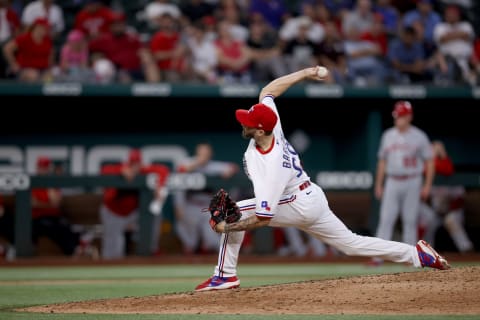 ARLINGTON, TEXAS – SEPTEMBER 30: Joe Barlow #68 of the Texas Rangers pitches against the Los Angeles Angels in the top of the ninth inning at Globe Life Field on September 30, 2021 in Arlington, Texas. (Photo by Tom Pennington/Getty Images)