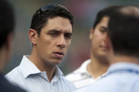 ARLINGTON, TX – OCTOBER 5: General Manager Jon Daniels of the Texas Rangers speaks with members of the press before the American League Wild Card game against the Baltimore Orioles on October 5, 2012 at the Rangers Ballpark in Arlington in Arlington, Texas. (Photo by Cooper Neill/Getty Images)