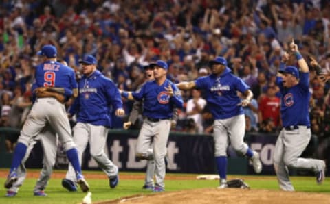 CLEVELAND, OH – NOVEMBER 02: The Chicago Cubs celebrate after defeating the Cleveland Indians 8-7 in Game Seven of the 2016 World Series at Progressive Field on November 2, 2016, in Cleveland, Ohio. The Cubs win their first World Series in 108 years. (Photo by Elsa/Getty Images)