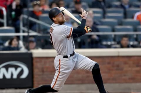 NEW YORK, NY – MAY 08: Hunter Pence #8 of the San Francisco Giants hits a two run home run in the first inning against the New York Mets on May 8, 2017 at Citi Field in the Flushing neighborhood of the Queens borough of New York City. (Photo by Elsa/Getty Images)