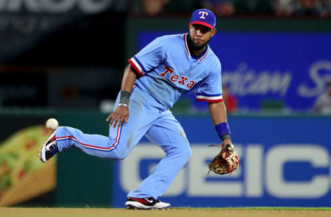 ARLINGTON, TX – JULY 08: Elvis Andrus fields a ground ball for the final out against the Los Angeles Angels in the top of the ninth inning at Globe Life Park in Arlington on July 8, 2017 in Arlington, Texas. (Photo by Tom Pennington/Getty Images)