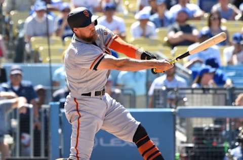 LOS ANGELES, CA – JULY 29: Hunter Pence #8 of the San Francisco Giants hits into a double play in the ninth inning of the game against the Los Angeles Dodgers at Dodger Stadium on July 29, 2017 in Los Angeles, California. (Photo by Jayne Kamin-Oncea/Getty Images)