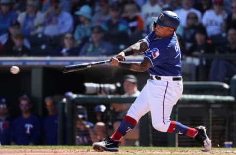 SURPRISE, AZ – MARCH 05: Willie Calhoun #5 of the Texas Rangers hits a RBI single against the San Francisco Giants during the first inning of the spring training game at Surprise Stadium on March 5, 2018 in Surprise, Arizona. (Photo by Christian Petersen/Getty Images)