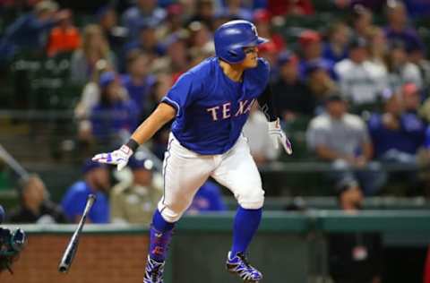 ARLINGTON, TX – APRIL 20: Shin-Soo Choo #17 of the Texas Rangers hits double in the sixth inning against the Seattle Mariners at Globe Life Park in Arlington on April 20, 2018 in Arlington, Texas. (Photo by Rick Yeatts/Getty Images)