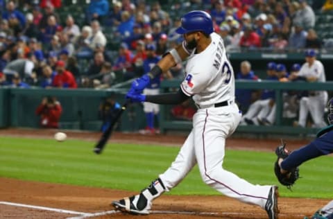 ARLINGTON, TX – APRIL 21: Nomar Mazara #30 of the Texas Rangers hits double RBI in the first inning at Globe Life Park in Arlington on April 21, 2018 in Arlington, Texas. (Photo by Rick Yeatts/Getty Images)