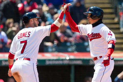 CLEVELAND, OH – APRIL 29: Yan Gomes #7 celebrates with Brandon Guyer #6 of the Cleveland Indians after both scored on a home run by Guyer during the second inning against the Seattle Mariners at Progressive Field on April 29, 2018 in Cleveland, Ohio. (Photo by Jason Miller/Getty Images)