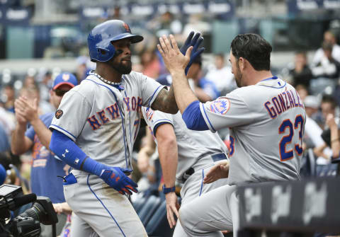 SAN DIEGO, CA – APRIL 29: Jose Reyes #7 of the New York Mets is congratulated by Adrian Gonzalez #23 after hitting a solo home run during the eighth inning of a baseball game against the San Diego Padres at PETCO Park on April 29, 2018 in San Diego, California. (Photo by Denis Poroy/Getty Images)