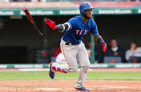 CLEVELAND, OH – APRIL 30: Jurickson Profar #19 of the Texas Rangers hits a single during the fourth inning against the Cleveland Indians at Progressive Field on April 30, 2018 in Cleveland, Ohio. (Photo by Jason Miller/Getty Images)