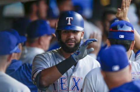 CLEVELAND, OH – MAY 01: Nomar Mazara #30 of the Texas Rangers celebrates in the dugout after hitting a two run home run off Jeff Beliveau #38 of the Cleveland Indians during the seventh inning at Progressive Field on May 1, 2018 in Cleveland, Ohio. (Photo by Ron Schwane/Getty Images)