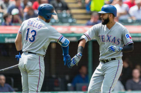 CLEVELAND, OH – MAY 2: Joey Gallo #13 celebrates with Nomar Mazara #30 of the Texas Rangers after Mazara hit a solo home run during the second inning against the Cleveland Indians at Progressive Field on May 2, 2018 in Cleveland, Ohio. (Photo by Jason Miller/Getty Images)