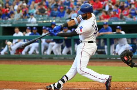 ARLINGTON, TX – MAY 04: Nomar Mazara #30 of the Texas Rangers hits a standup double in the second inning against the Boston Red Sox at Globe Life Park in Arlington on May 4, 2018 in Arlington, Texas. (Photo by Rick Yeatts/Getty Images)