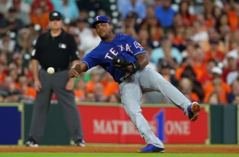 HOUSTON, TX – MAY 11: Adrian Beltre #29 of the Texas Rangers throws to first base in the fourth inning attempting to throw out Marwin Gonzalez #9 of the Houston Astros at Minute Maid Park on May 11, 2018 in Houston, Texas. An error was issued on the throw. (Photo by Bob Levey/Getty Images)