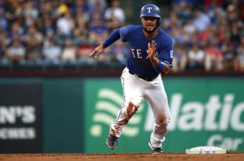 ARLINGTON, TX – MAY 21: Isiah Kiner-Falefa #9 of the Texas Rangers rounds second base on his way to third against the New York Yankees during the first inning at Globe Life Park on May 21, 2018 in Arlington, Texas. (Photo by Ron Jenkins/Getty Images)