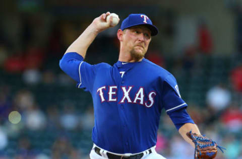 ARLINGTON, TX – MAY 24: Austin Bibens-Dirkx #56 of the Texas Rangers throws in the first inning against the Kansas City Royals at Globe Life Park in Arlington on May 24, 2018 in Arlington, Texas. (Photo by Rick Yeatts/Getty Images)