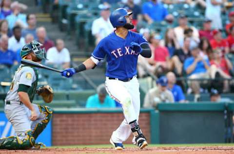 ARLINGTON, TX – JUNE 05: Nomar Mazara #30 of the Texas Rangers hits in the first inning against the Oakland Athletics at Globe Life Park in Arlington on June 5, 2018 in Arlington, Texas. (Photo by Rick Yeatts/Getty Images)