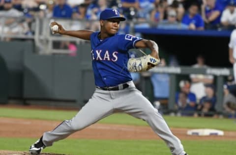 KANSAS CITY, MO – JUNE 20: Jose Leclerc #62 of the Texas Rangers throws in the eighth inning against the Kansas City Royals at Kauffman Stadium on June 20, 2018 in Kansas City, Missouri. (Photo by Ed Zurga/Getty Images)