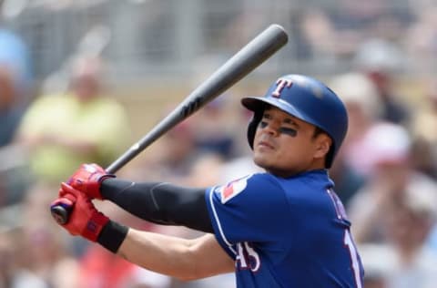 MINNEAPOLIS, MN – JUNE 23: Shin-Soo Choo #17 of the Texas Rangers hits an RBI ground-rule double against the Minnesota Twins during the second inning of the game on June 23, 2018 at Target Field in Minneapolis, Minnesota. (Photo by Hannah Foslien/Getty Images)