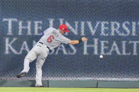 KANSAS CITY, MO – JULY 03: Brandon Guyer #6 of the Cleveland Indians miss plays the ball during the fifth inning against the Kansas City Royals at Kauffman Stadium on July 3, 2018 in Kansas City, Missouri. (Photo by Brian Davidson/Getty Images)