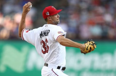 ARLINGTON, TX – JULY 04: Mike Minor #36 of the Texas Rangers throws against the Houston Astros at Globe Life Park in Arlington on July 4, 2018 in Arlington, Texas. (Photo by Ronald Martinez/Getty Images)